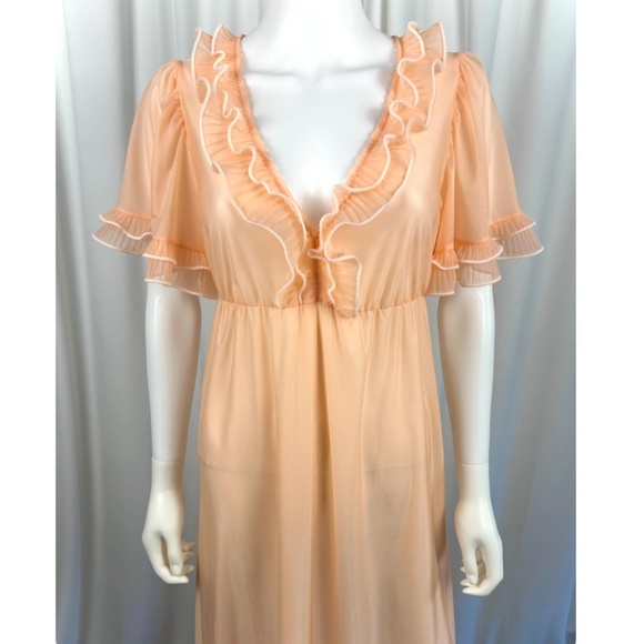 Vintage 1970’s Bloomies Sheer Long Maxi Dress in Sherbet Orange • Ruffles - S - Picture 3 of 10